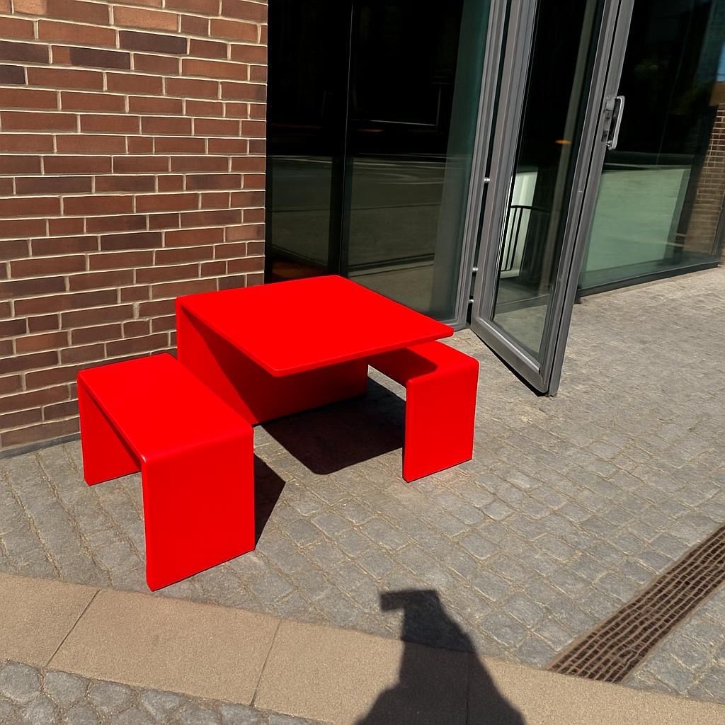 Red Steel Table & Bench Set